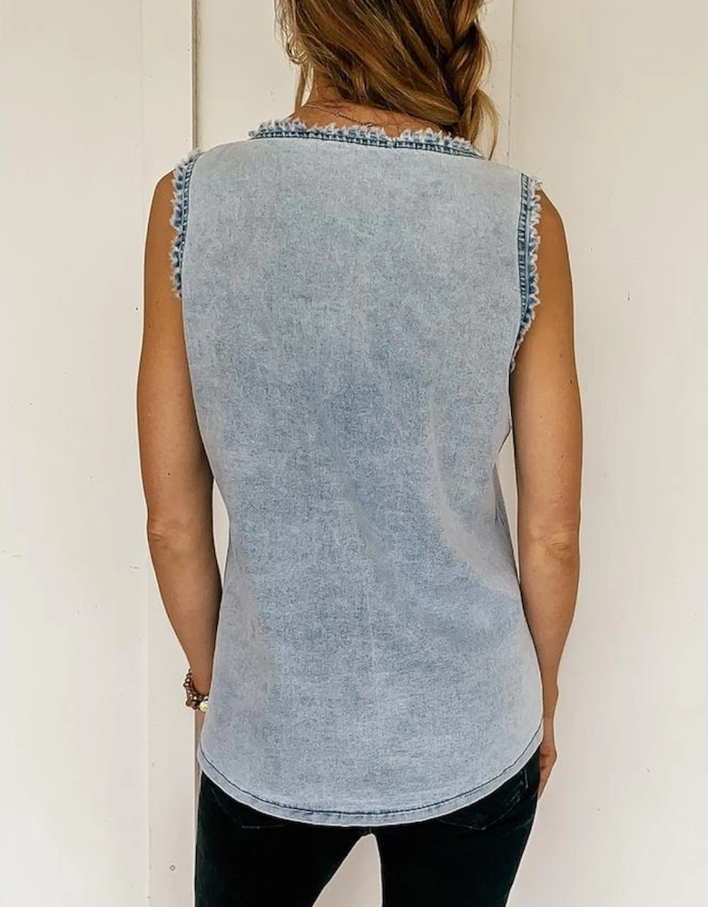 Beau Blue Mineral Wash Denim Frayed U Neck Sleeveless Top