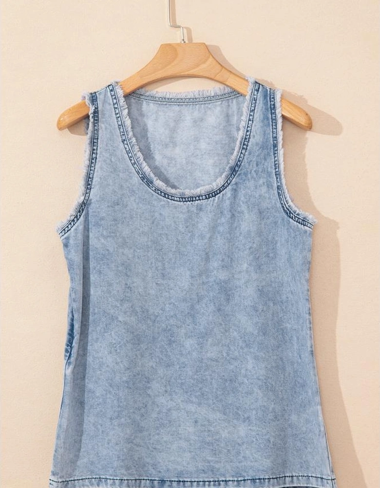 Beau Blue Mineral Wash Denim Frayed U Neck Sleeveless Top