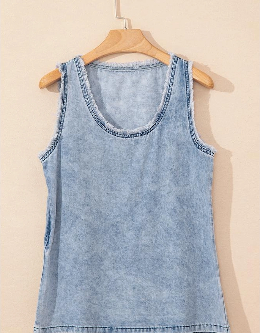 Beau Blue Mineral Wash Denim Frayed U Neck Sleeveless Top