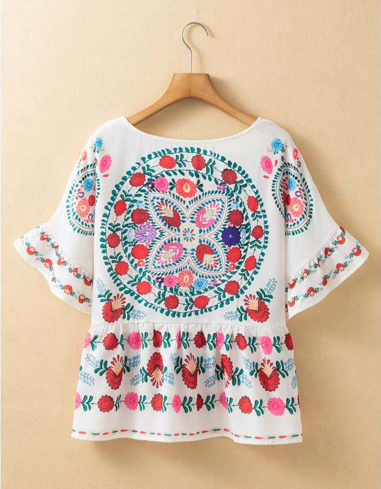 White Boho Floral Print Round Neck Ruffle Trim Blouse