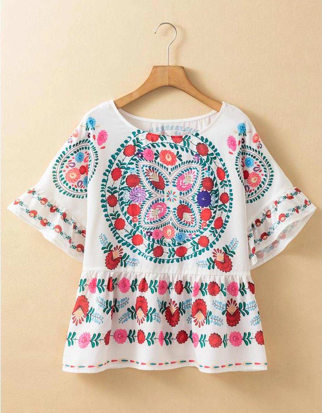 White Boho Floral Print Round Neck Ruffle Trim Blouse