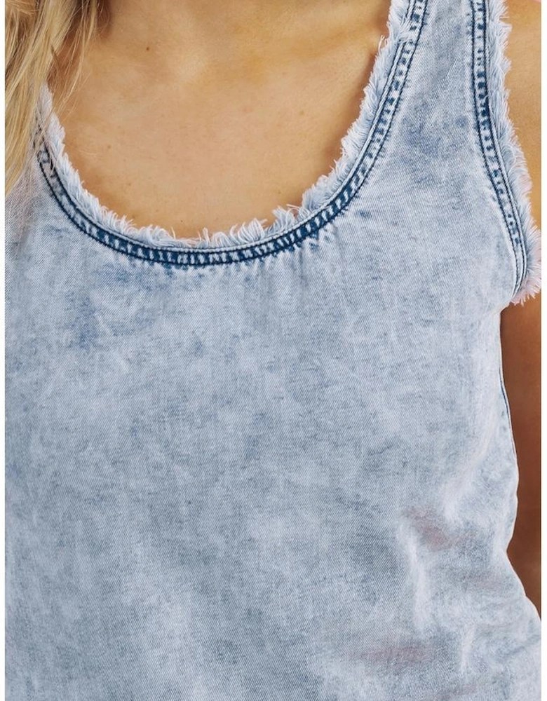 Beau Blue Mineral Wash Denim Frayed U Neck Sleeveless Top