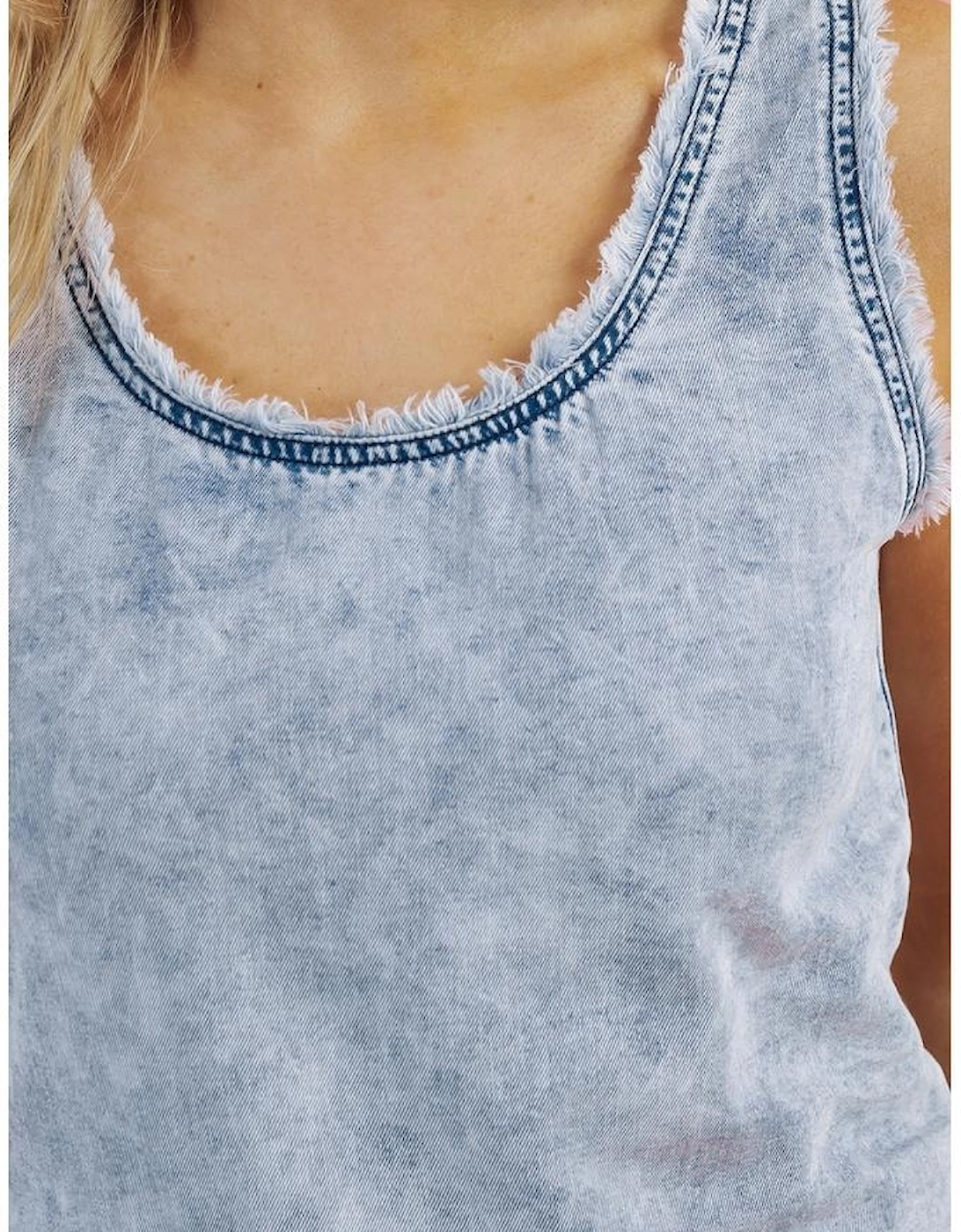 Beau Blue Mineral Wash Denim Frayed U Neck Sleeveless Top