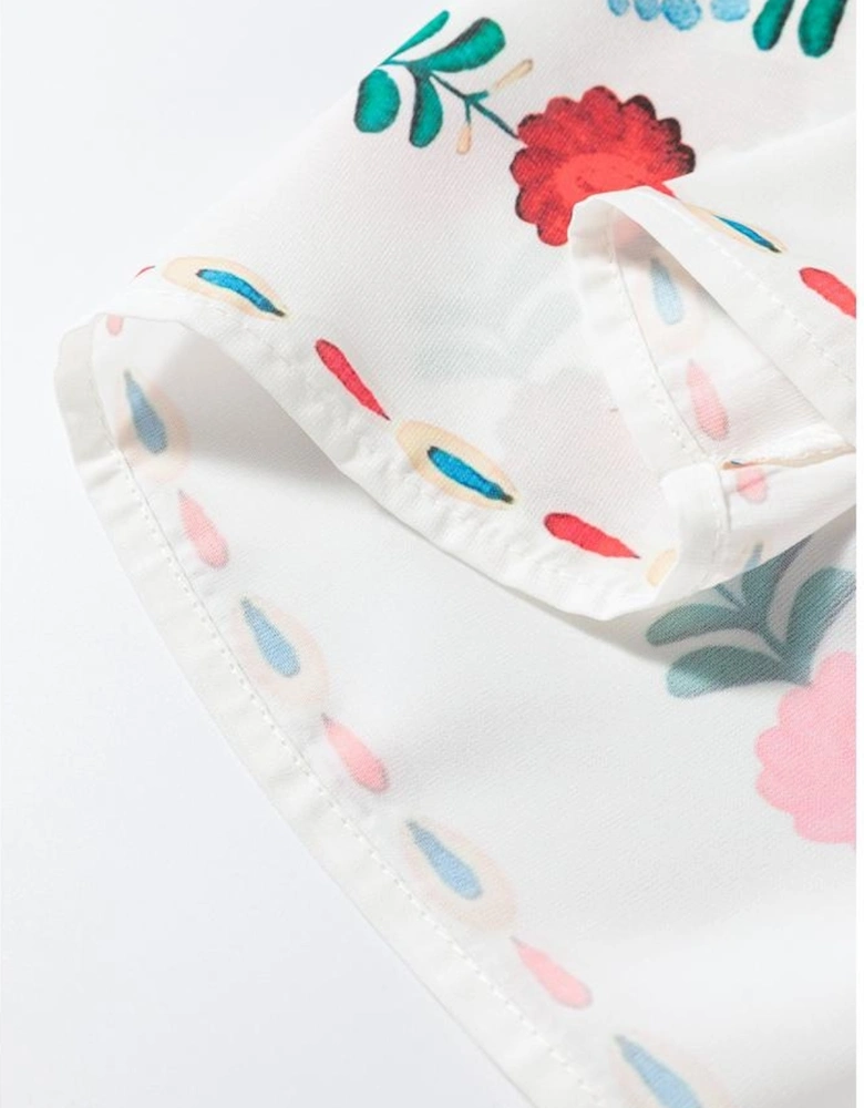 White Boho Floral Print Round Neck Ruffle Trim Blouse