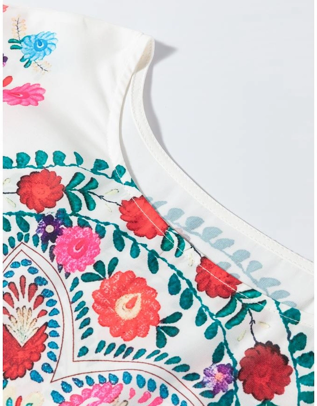 White Boho Floral Print Round Neck Ruffle Trim Blouse