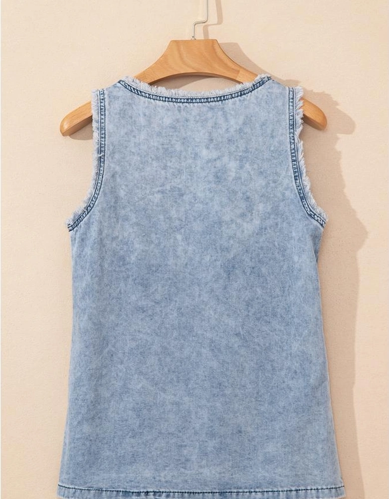 Beau Blue Mineral Wash Denim Frayed U Neck Sleeveless Top