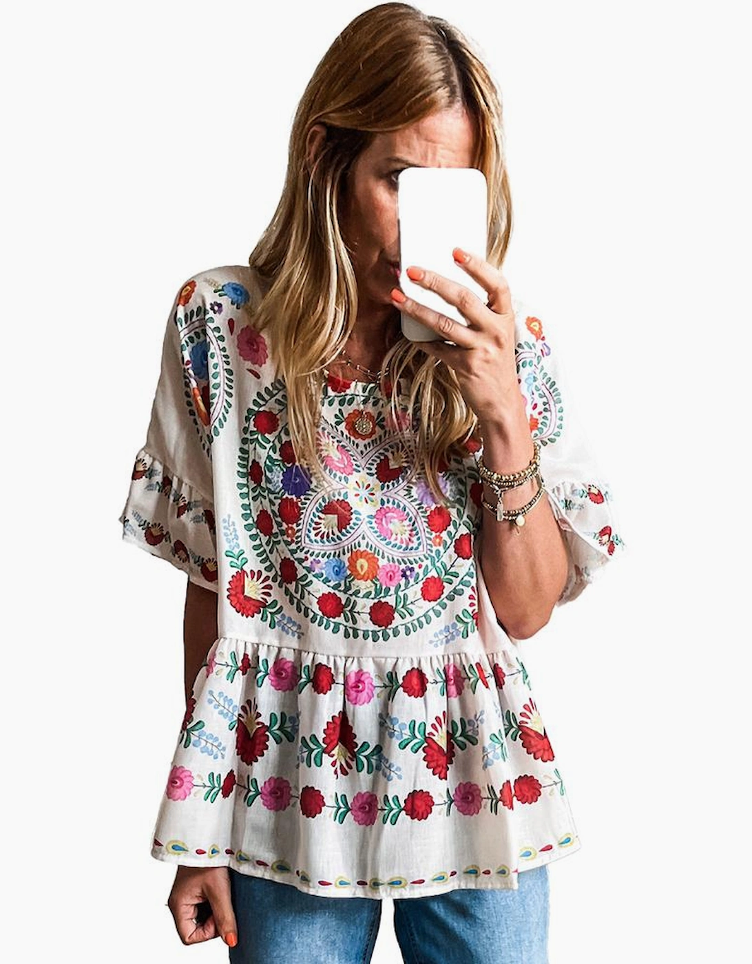 White Boho Floral Print Round Neck Ruffle Trim Blouse