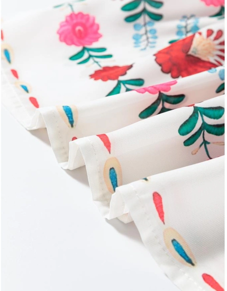 White Boho Floral Print Round Neck Ruffle Trim Blouse