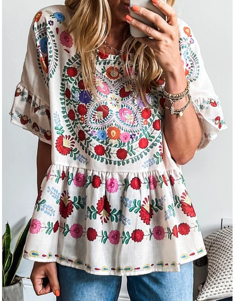 White Boho Floral Print Round Neck Ruffle Trim Blouse