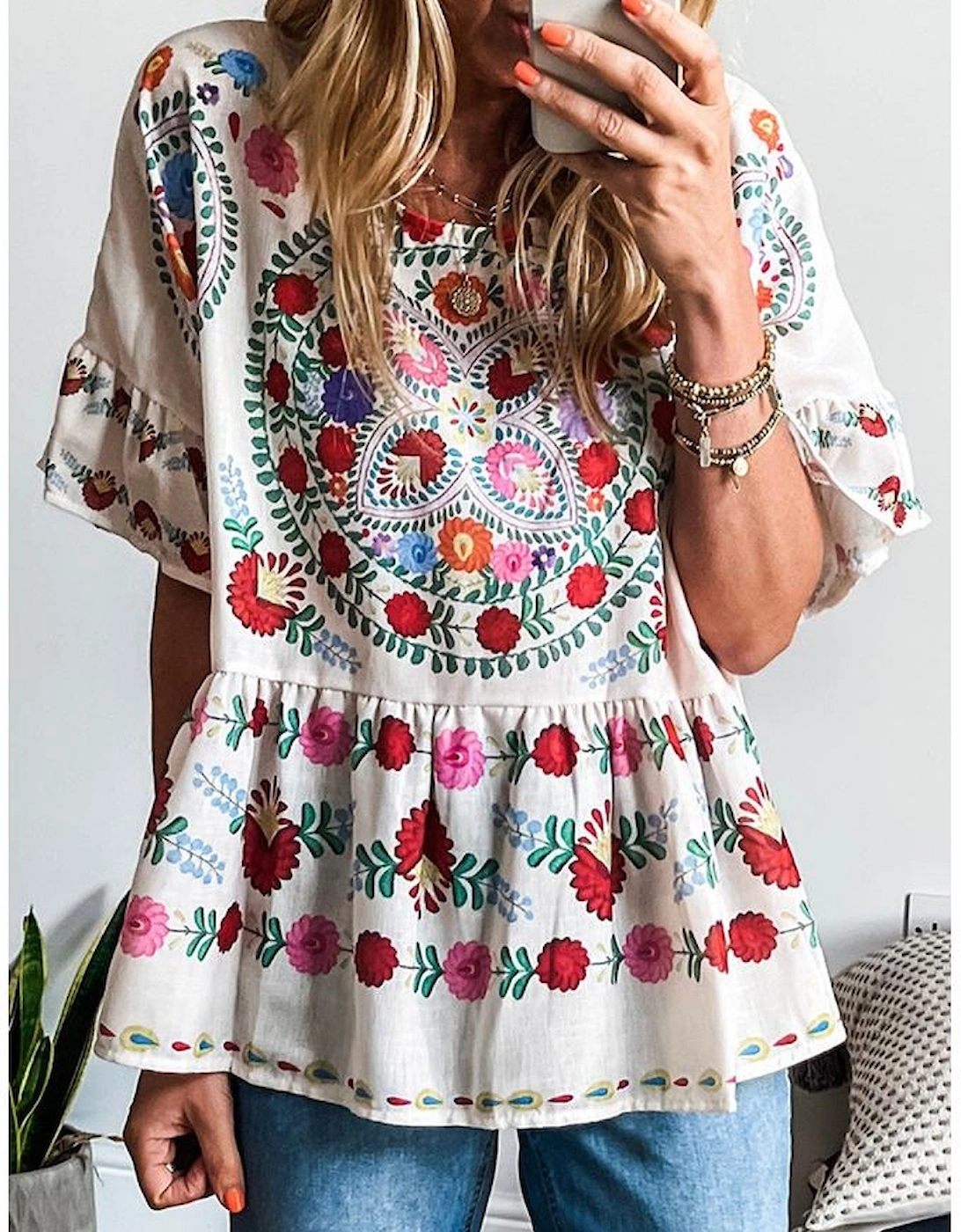 White Boho Floral Print Round Neck Ruffle Trim Blouse