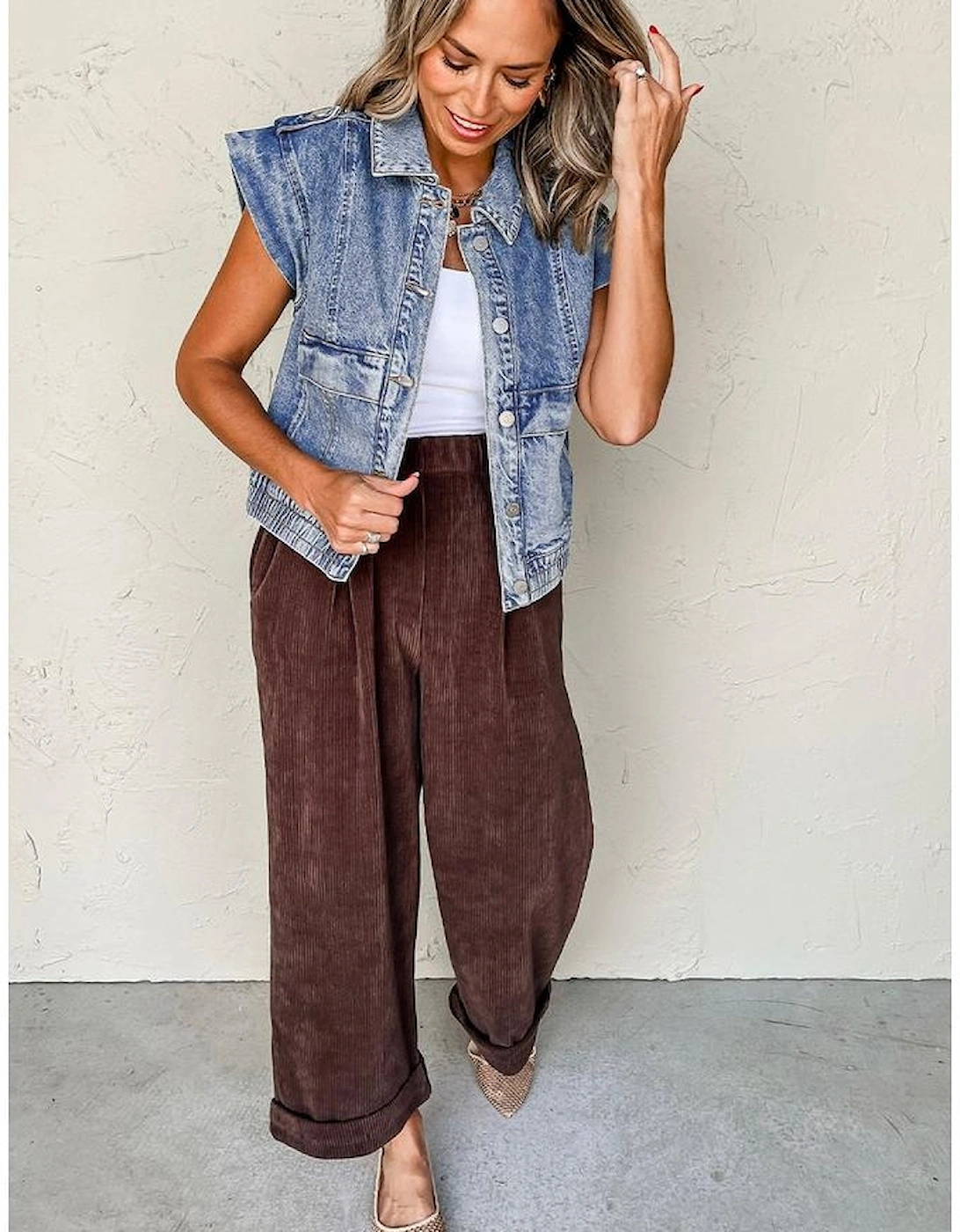 Ashleigh Blue Acid Wash Elastic Hem Button Up Denim Vest, 13 of 12