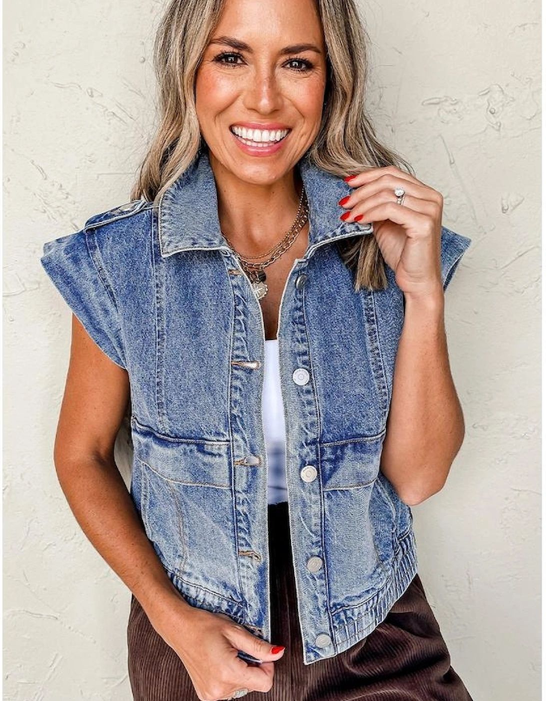 Ashleigh Blue Acid Wash Elastic Hem Button Up Denim Vest