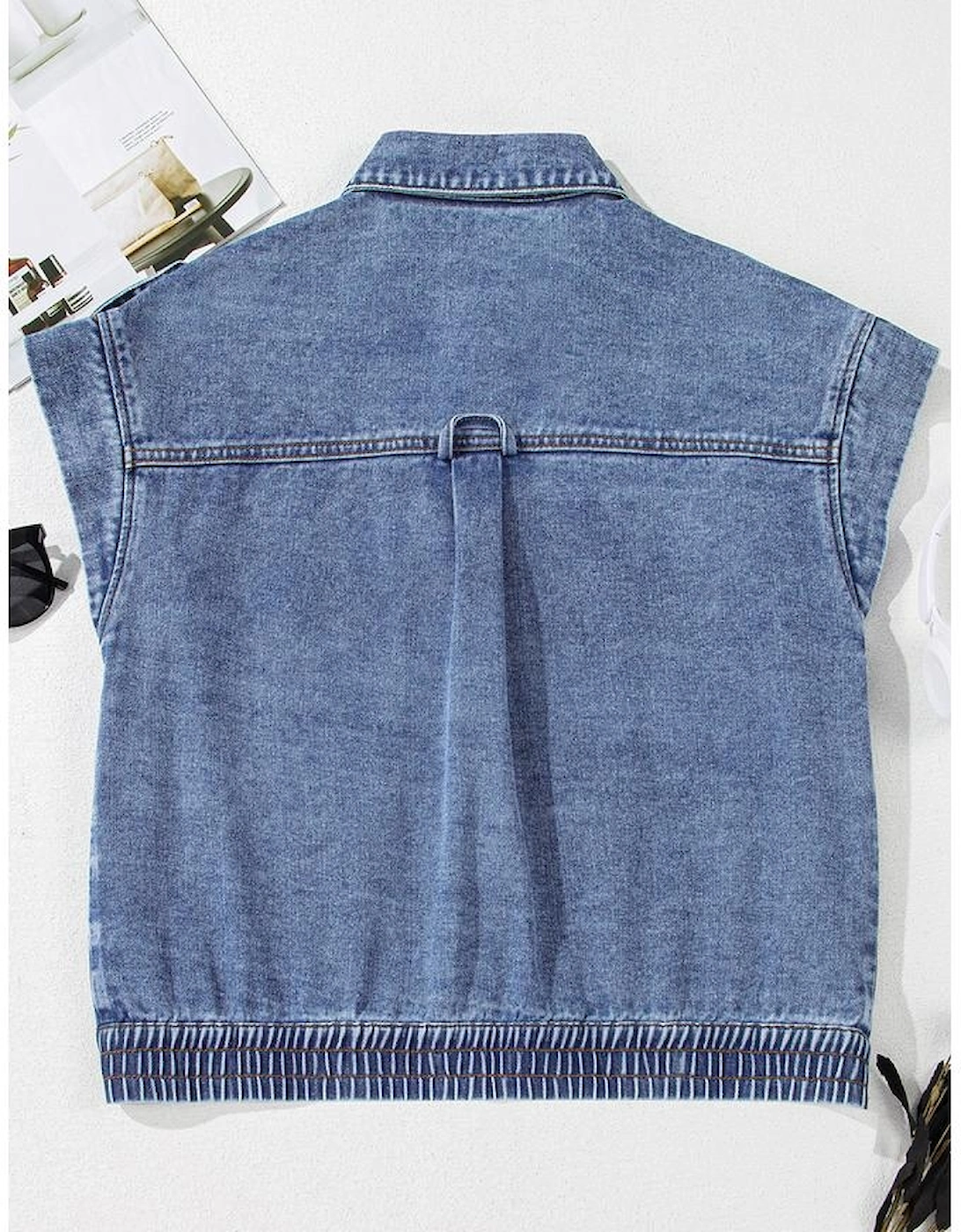 Ashleigh Blue Acid Wash Elastic Hem Button Up Denim Vest