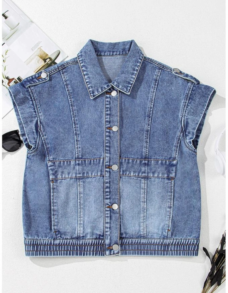 Ashleigh Blue Acid Wash Elastic Hem Button Up Denim Vest