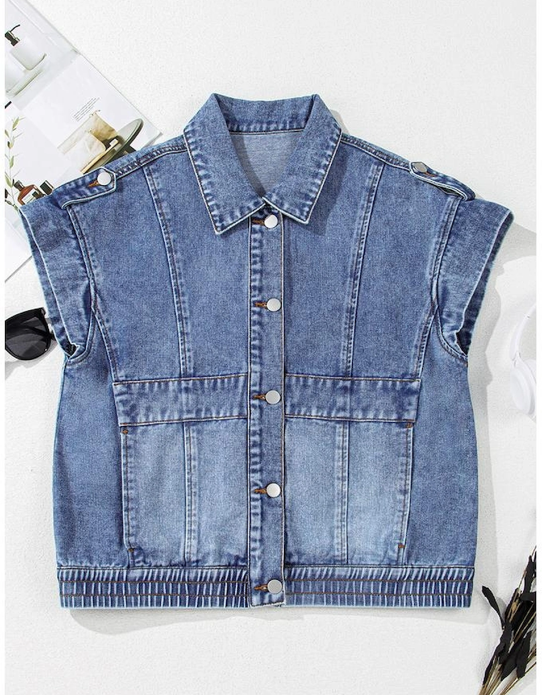 Ashleigh Blue Acid Wash Elastic Hem Button Up Denim Vest
