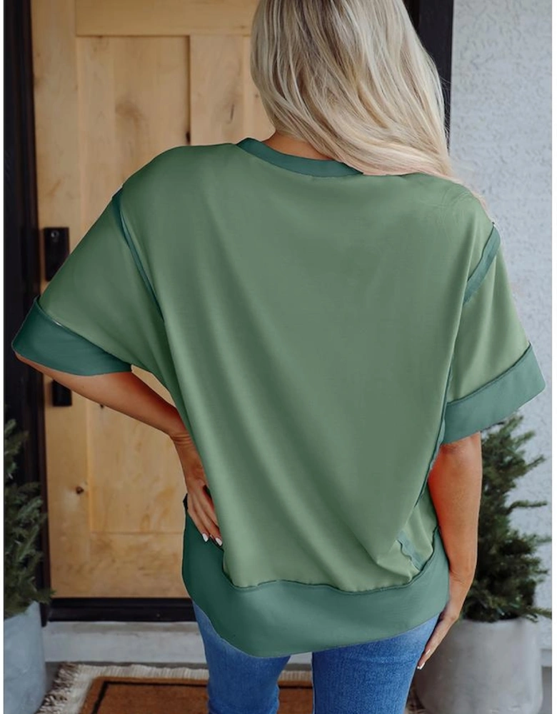 Smoke Green Floral Boots Printed Raw Seam Mix Texture Patchwork Tee