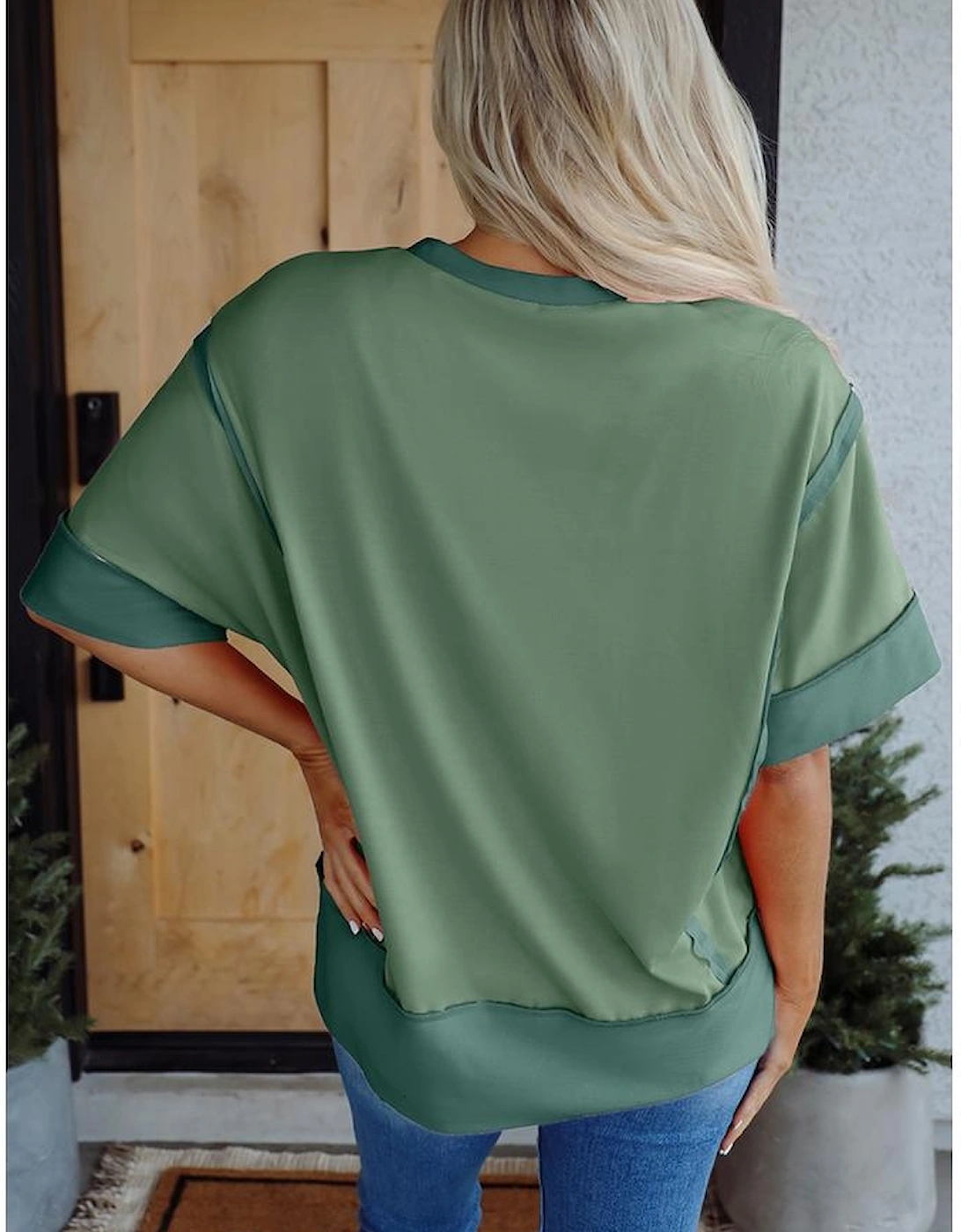 Smoke Green Floral Boots Printed Raw Seam Mix Texture Patchwork Tee