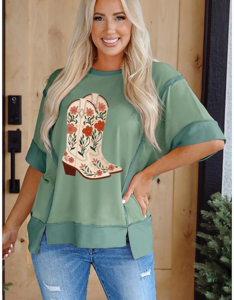 Smoke Green Floral Boots Printed Raw Seam Mix Texture Patchwork Tee