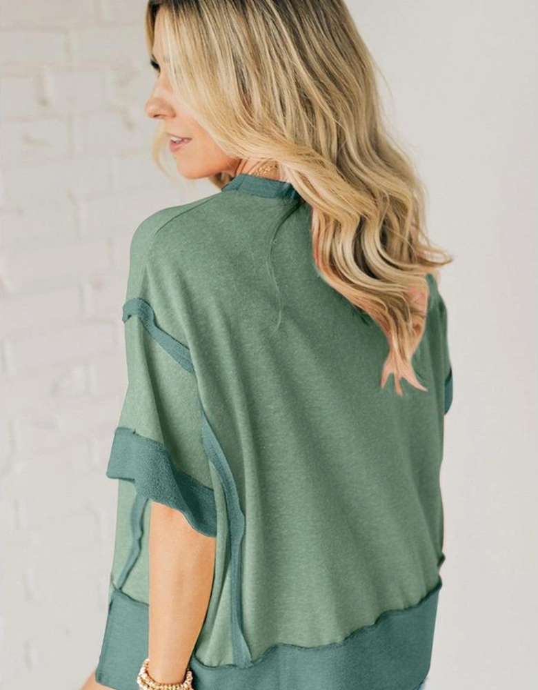 Smoke Green Floral Boots Printed Raw Seam Mix Texture Patchwork Tee