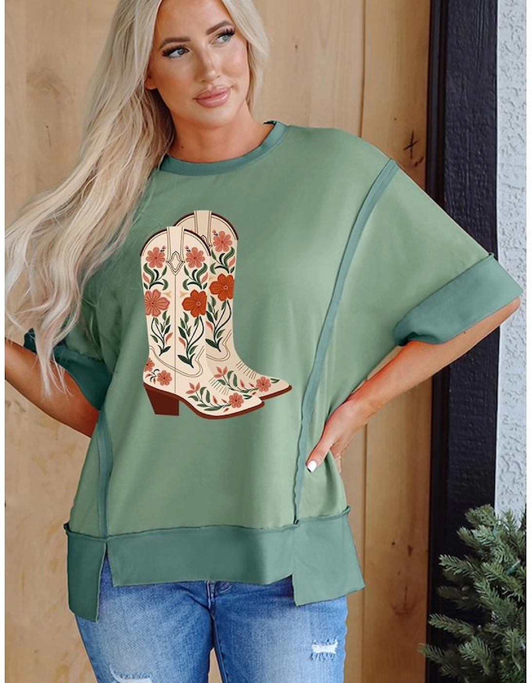 Smoke Green Floral Boots Printed Raw Seam Mix Texture Patchwork Tee