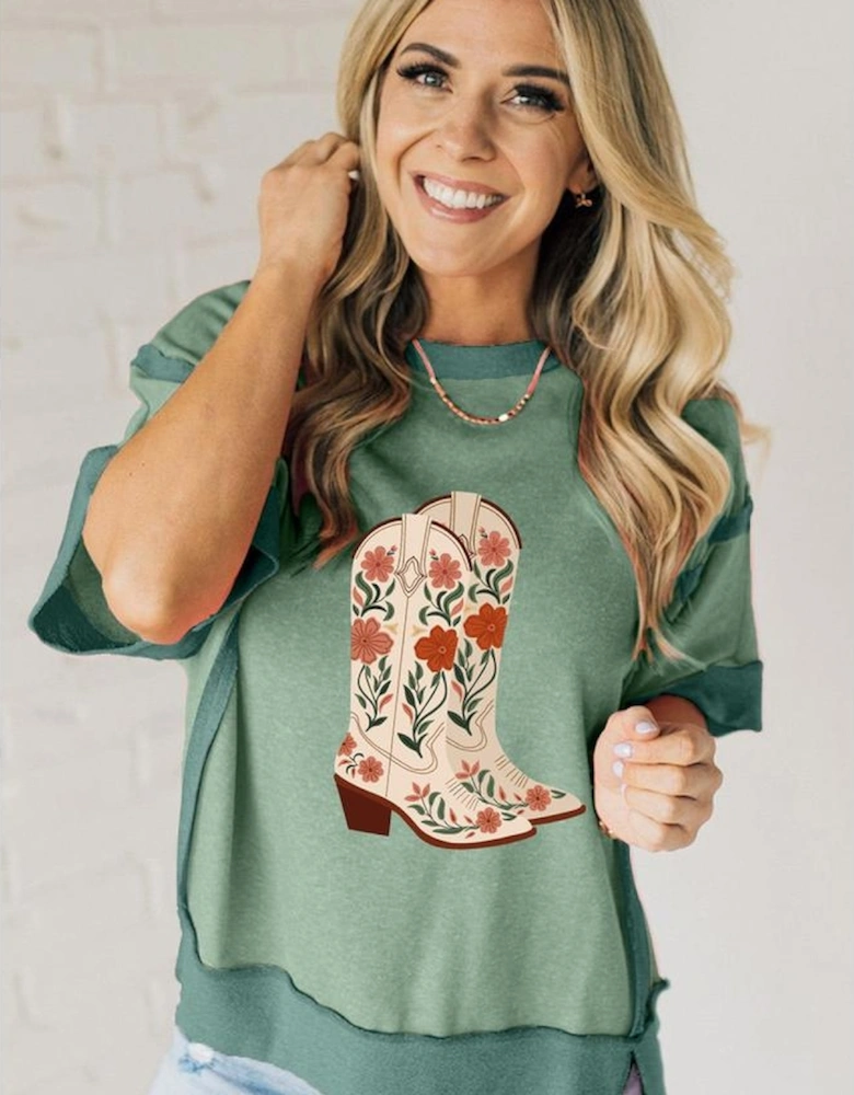 Smoke Green Floral Boots Printed Raw Seam Mix Texture Patchwork Tee