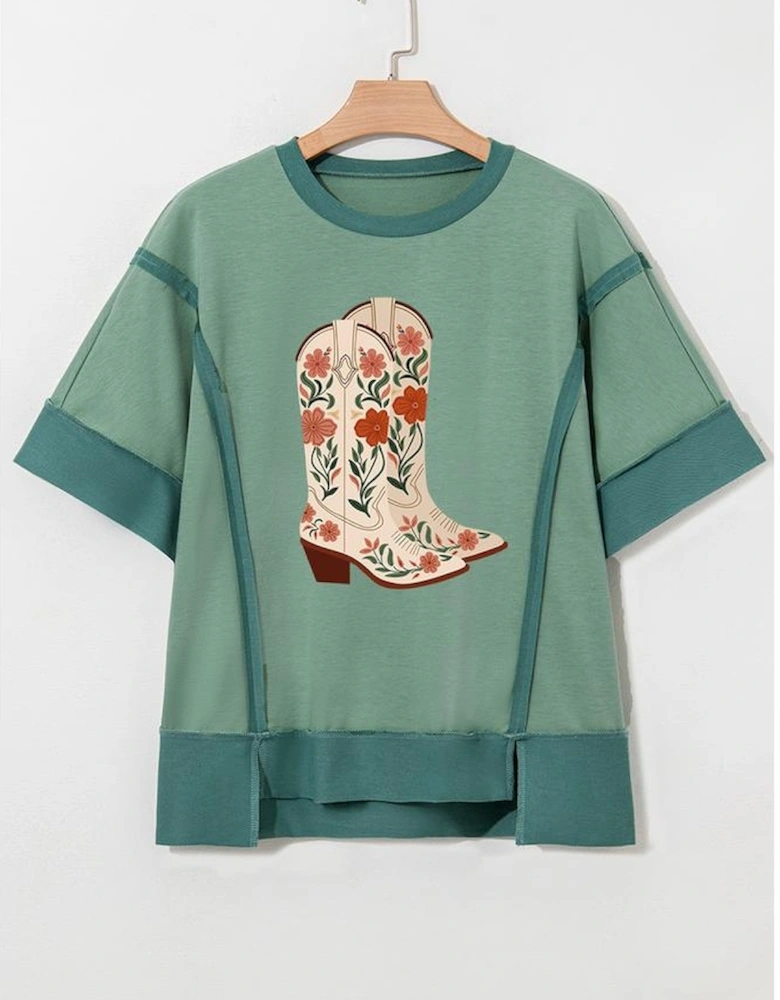 Smoke Green Floral Boots Printed Raw Seam Mix Texture Patchwork Tee