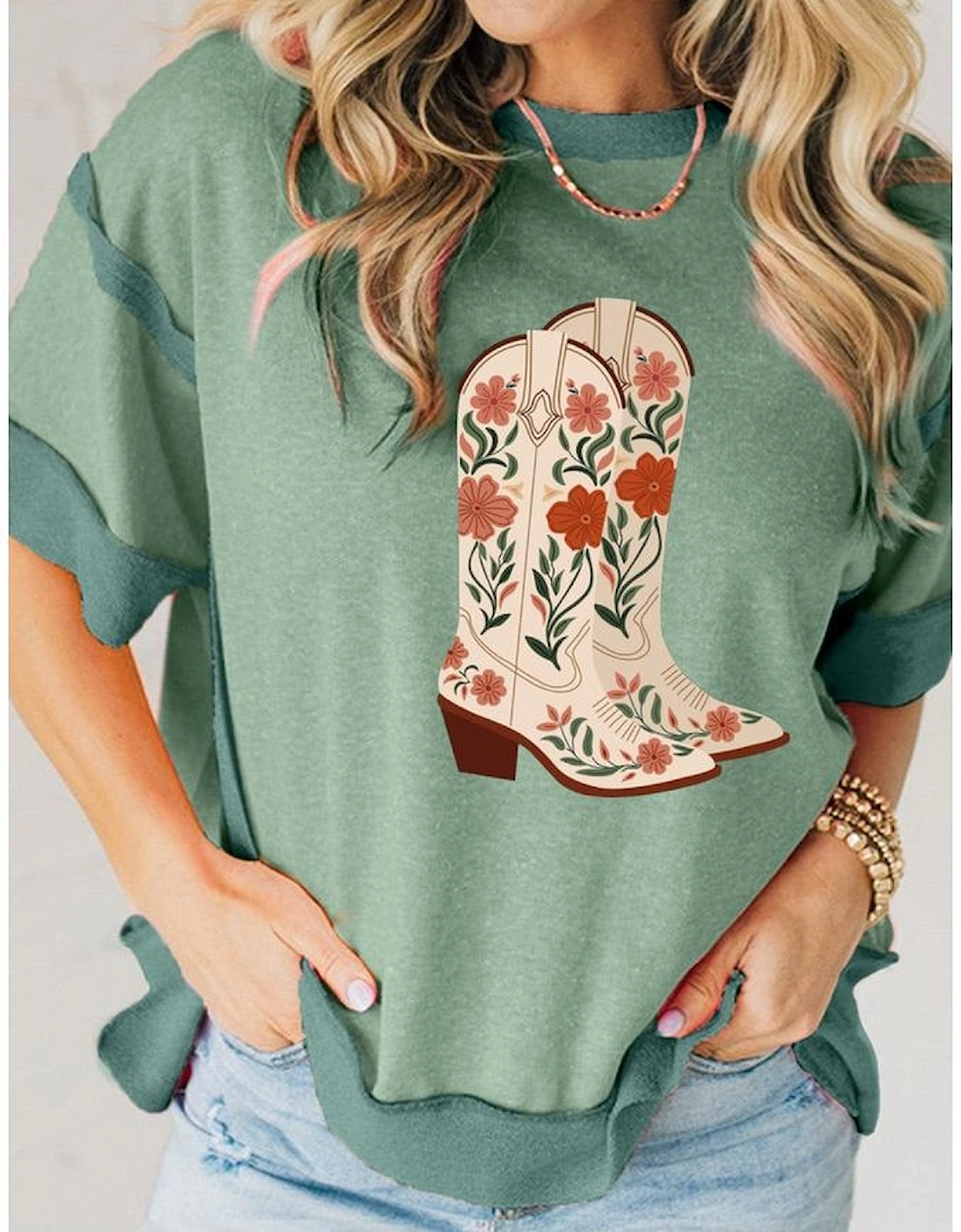 Smoke Green Floral Boots Printed Raw Seam Mix Texture Patchwork Tee