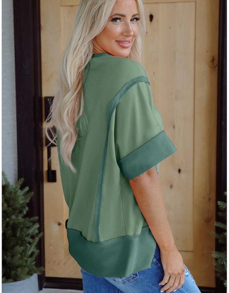 Smoke Green Floral Boots Printed Raw Seam Mix Texture Patchwork Tee