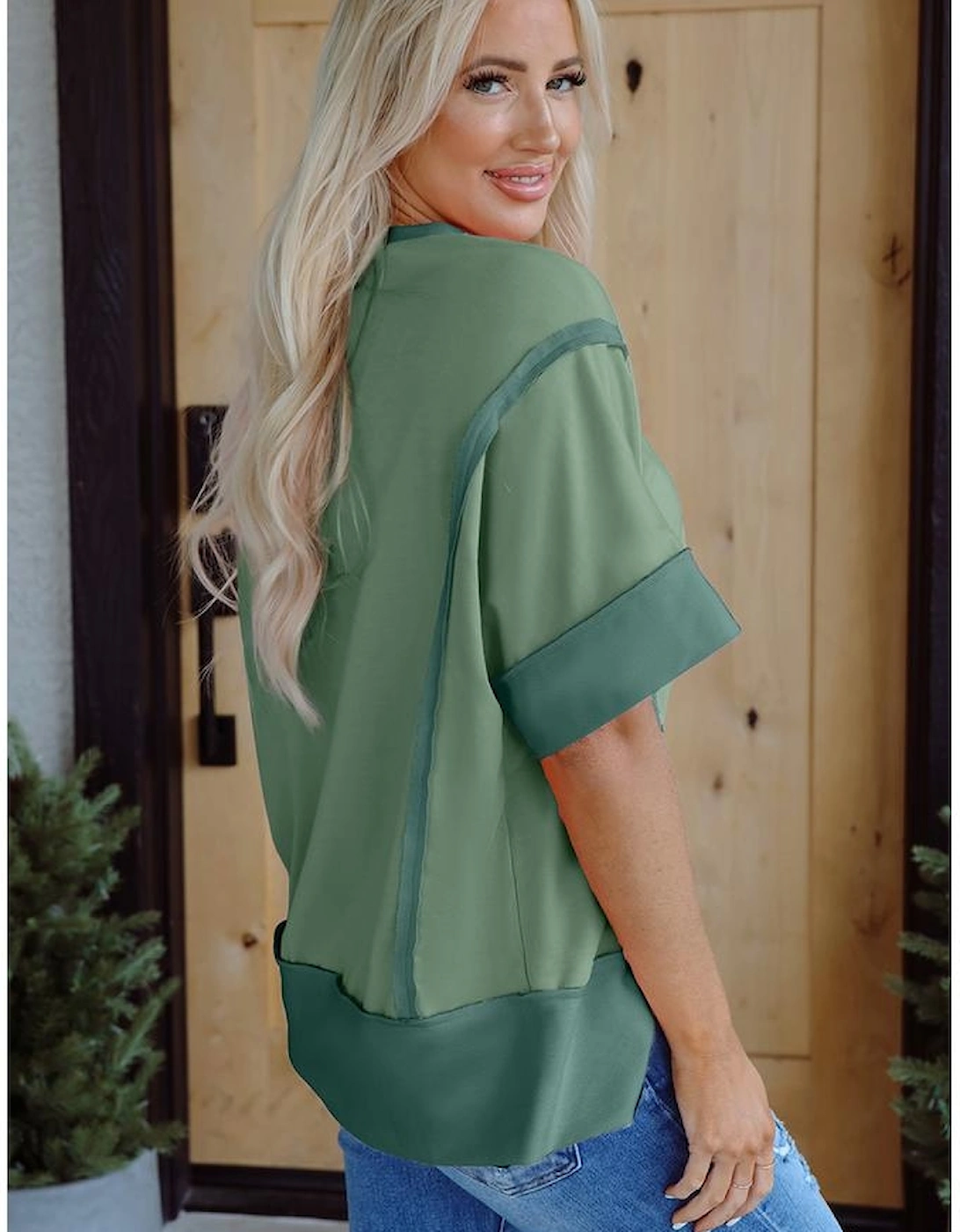 Smoke Green Floral Boots Printed Raw Seam Mix Texture Patchwork Tee