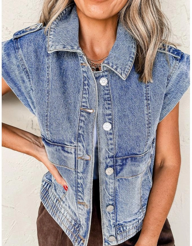 Ashleigh Blue Acid Wash Elastic Hem Button Up Denim Vest