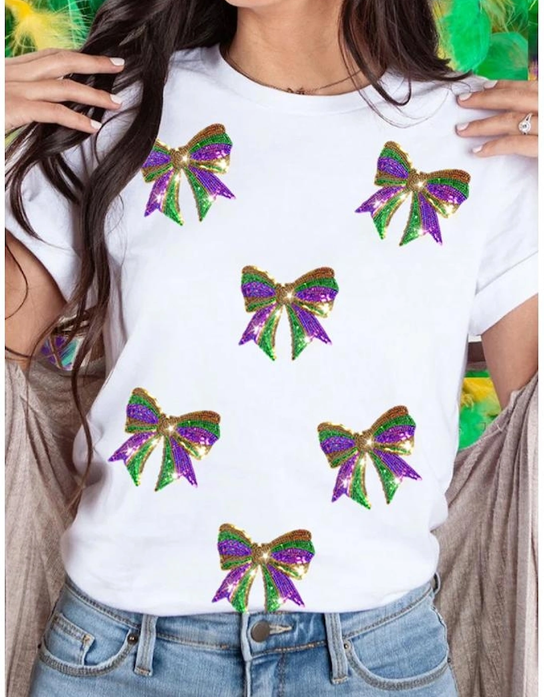 White Sequin Mardi Gras Bow Graphic Crewneck Tee