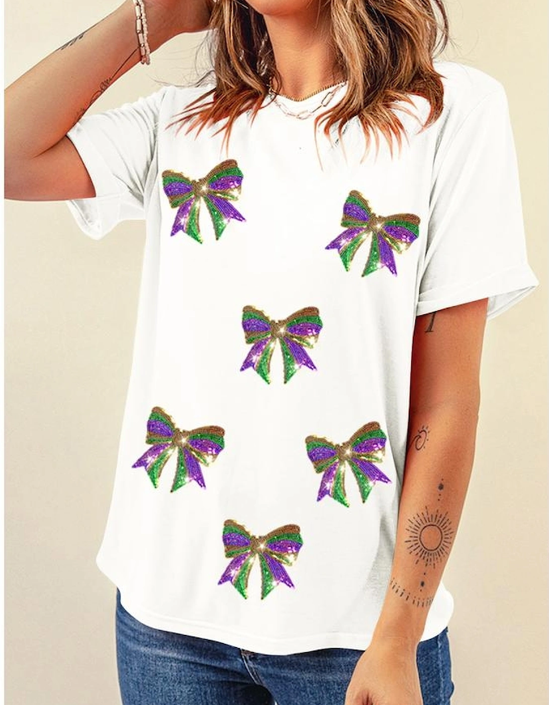 White Sequin Mardi Gras Bow Graphic Crewneck Tee, 6 of 5