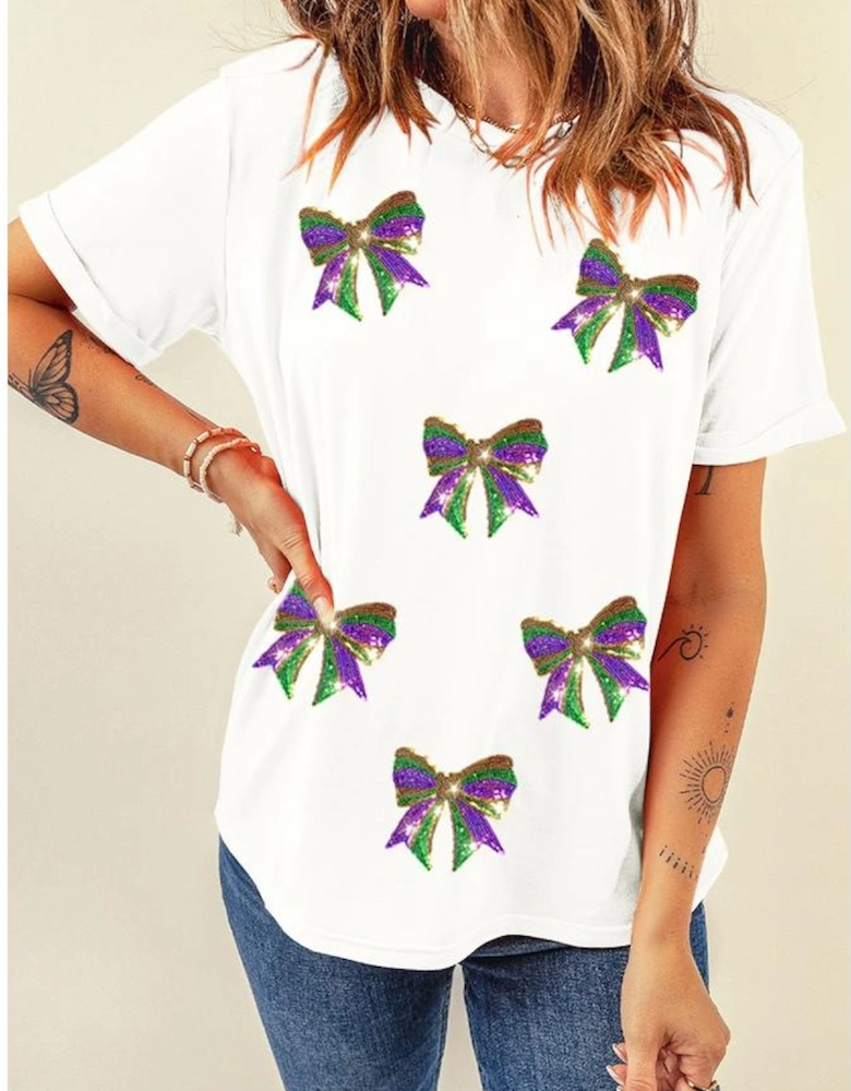 White Sequin Mardi Gras Bow Graphic Crewneck Tee