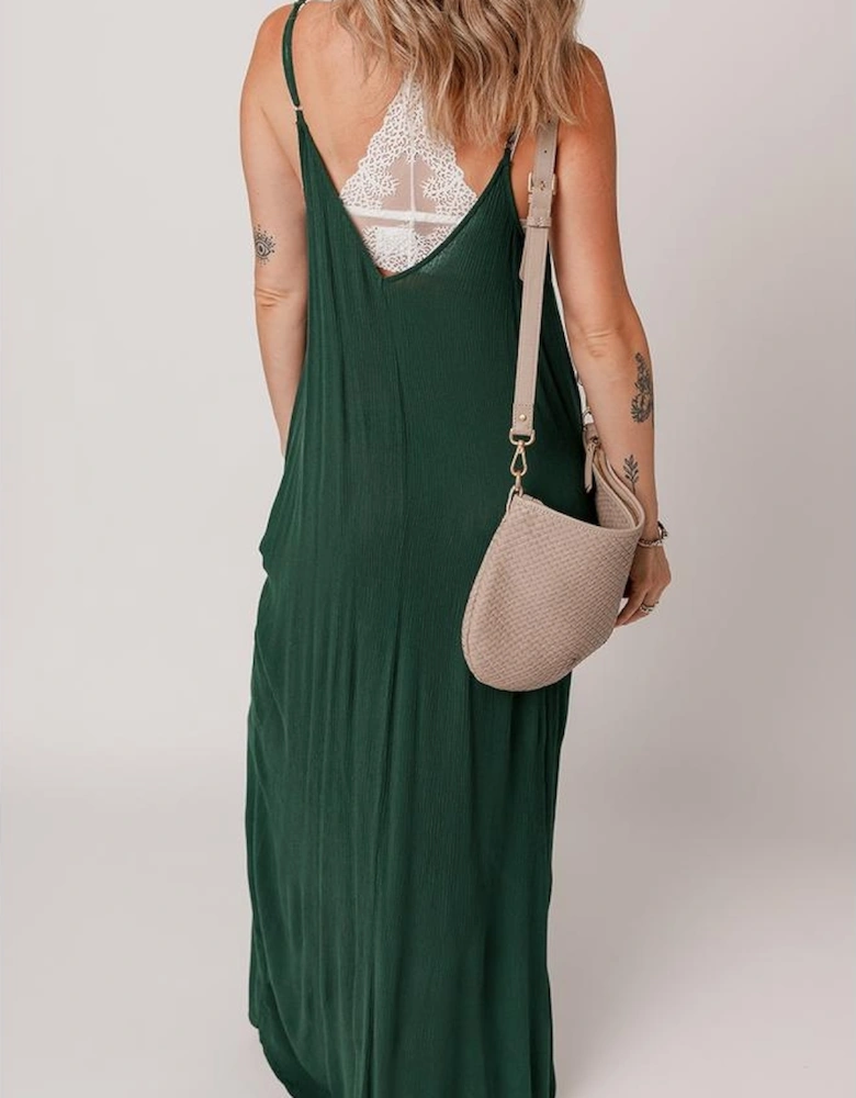 Duffel Green Spaghetti Straps Pocketed Slouchy Maxi Dress