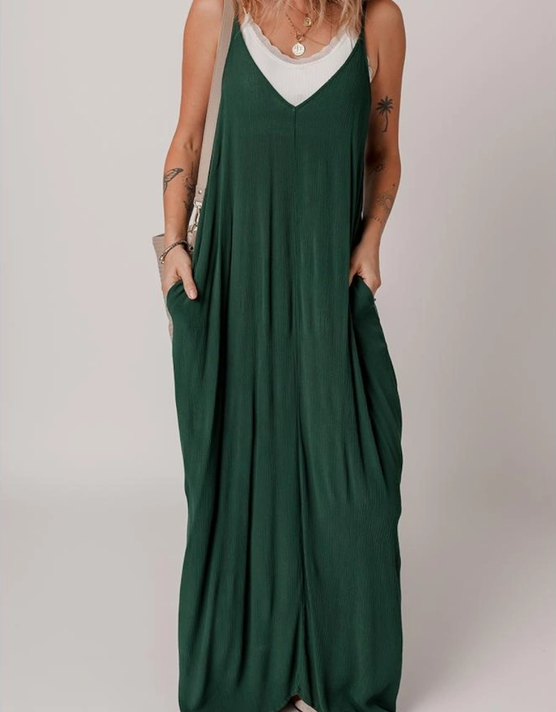 Duffel Green Spaghetti Straps Pocketed Slouchy Maxi Dress