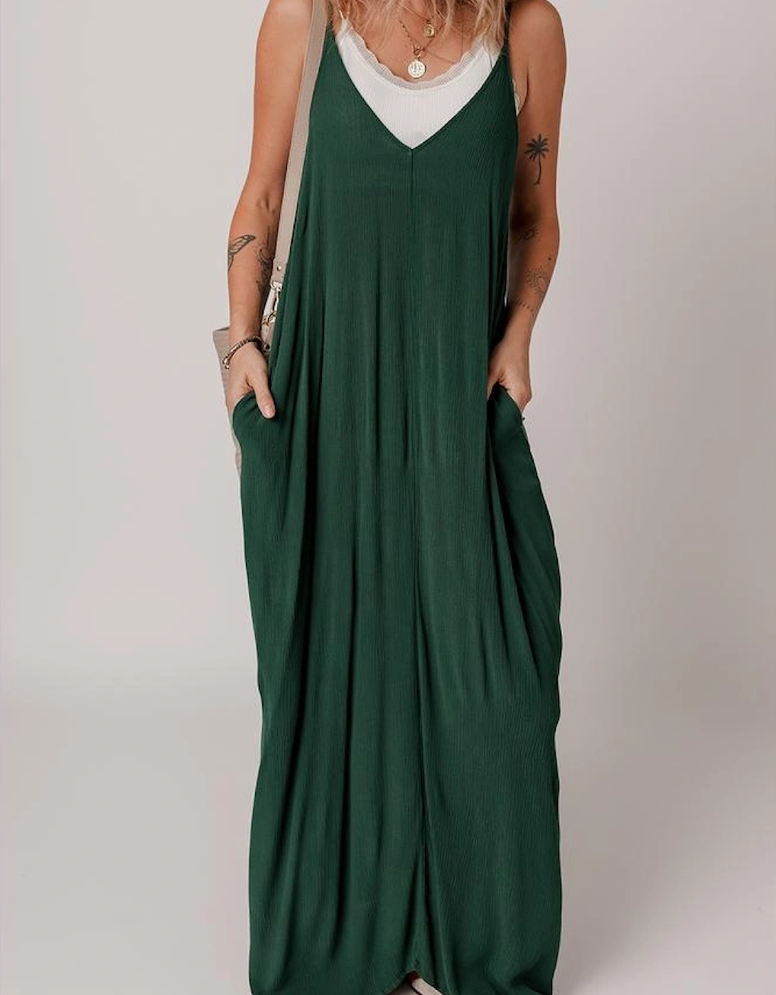 Duffel Green Spaghetti Straps Pocketed Slouchy Maxi Dress