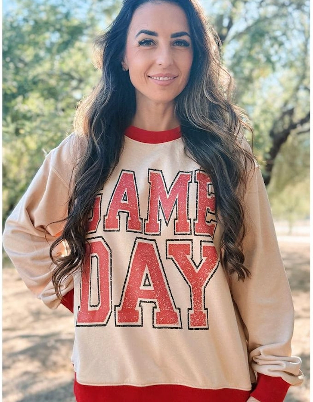 Oatmeal GAME DAY Letter Graphic Varsity Striped Detail Baggy Sweatshirt