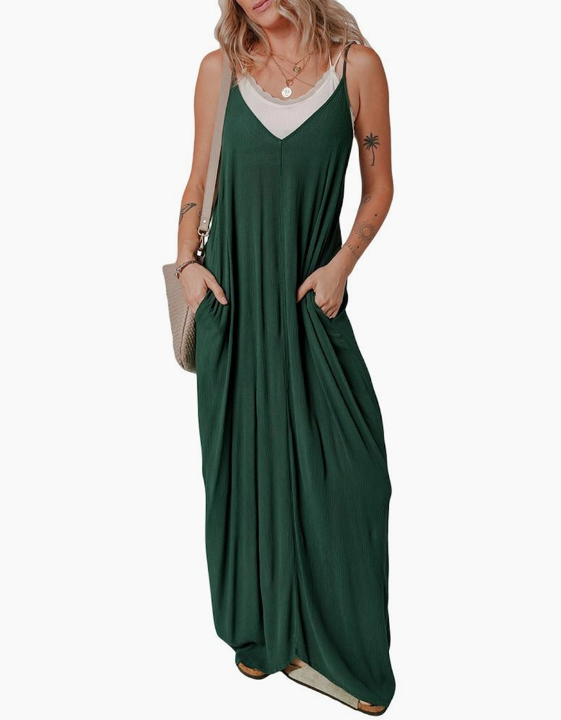Duffel Green Spaghetti Straps Pocketed Slouchy Maxi Dress