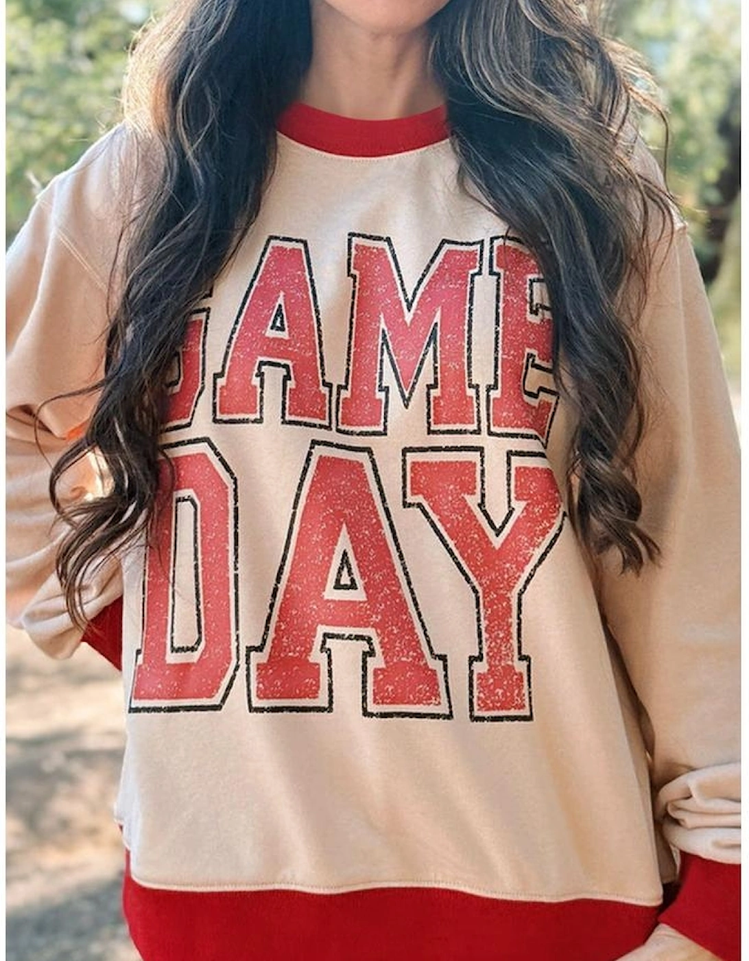 Oatmeal GAME DAY Letter Graphic Varsity Striped Detail Baggy Sweatshirt