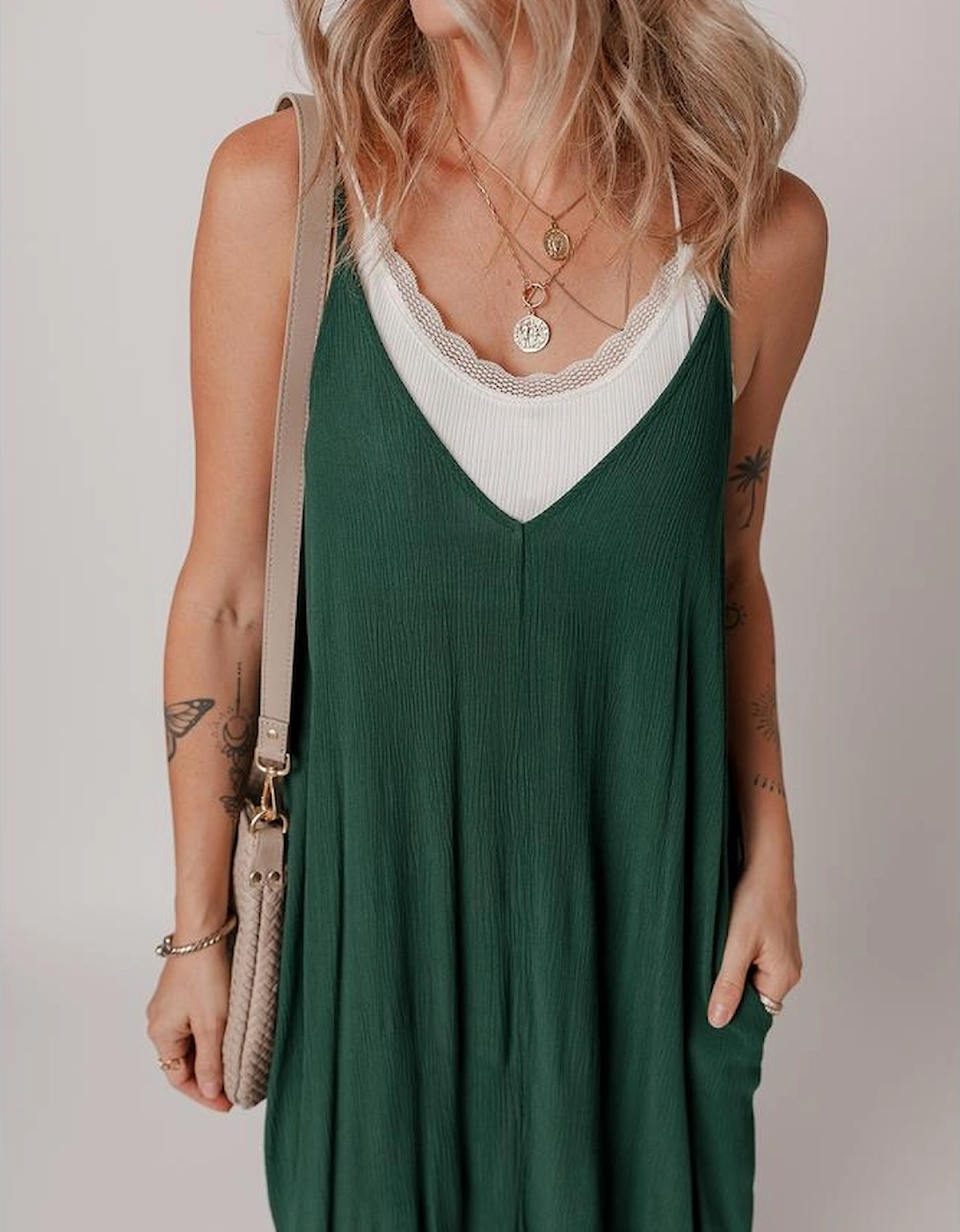 Duffel Green Spaghetti Straps Pocketed Slouchy Maxi Dress