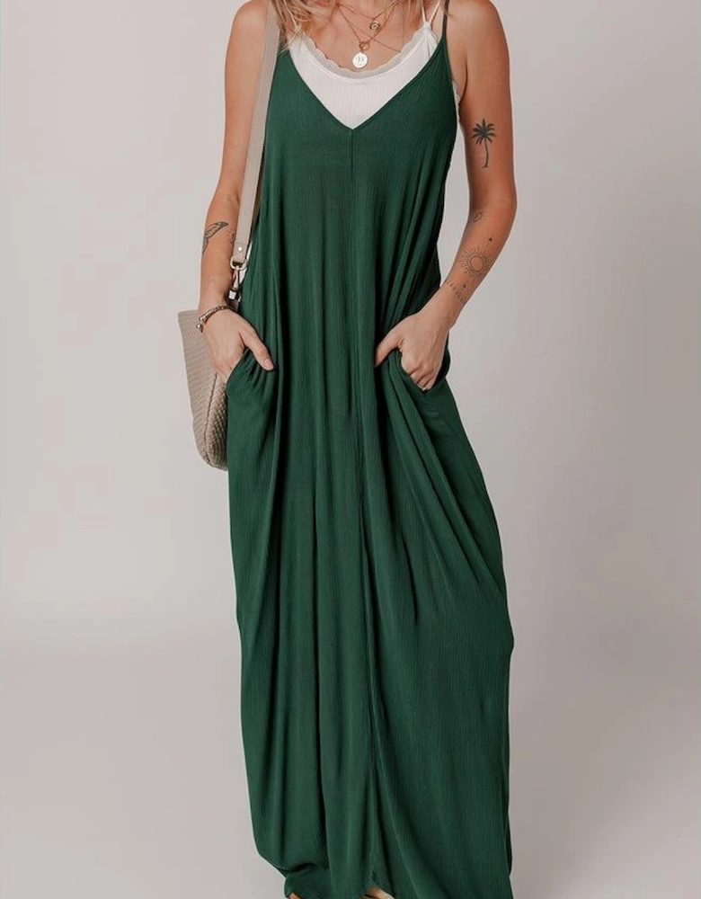 Duffel Green Spaghetti Straps Pocketed Slouchy Maxi Dress