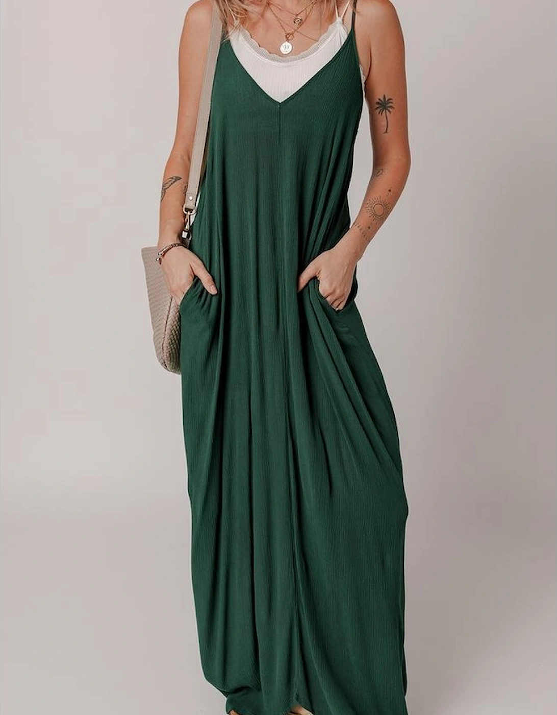 Duffel Green Spaghetti Straps Pocketed Slouchy Maxi Dress