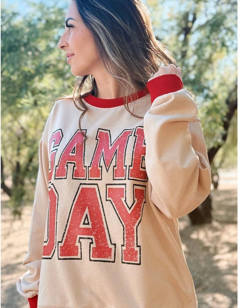 Oatmeal GAME DAY Letter Graphic Varsity Striped Detail Baggy Sweatshirt
