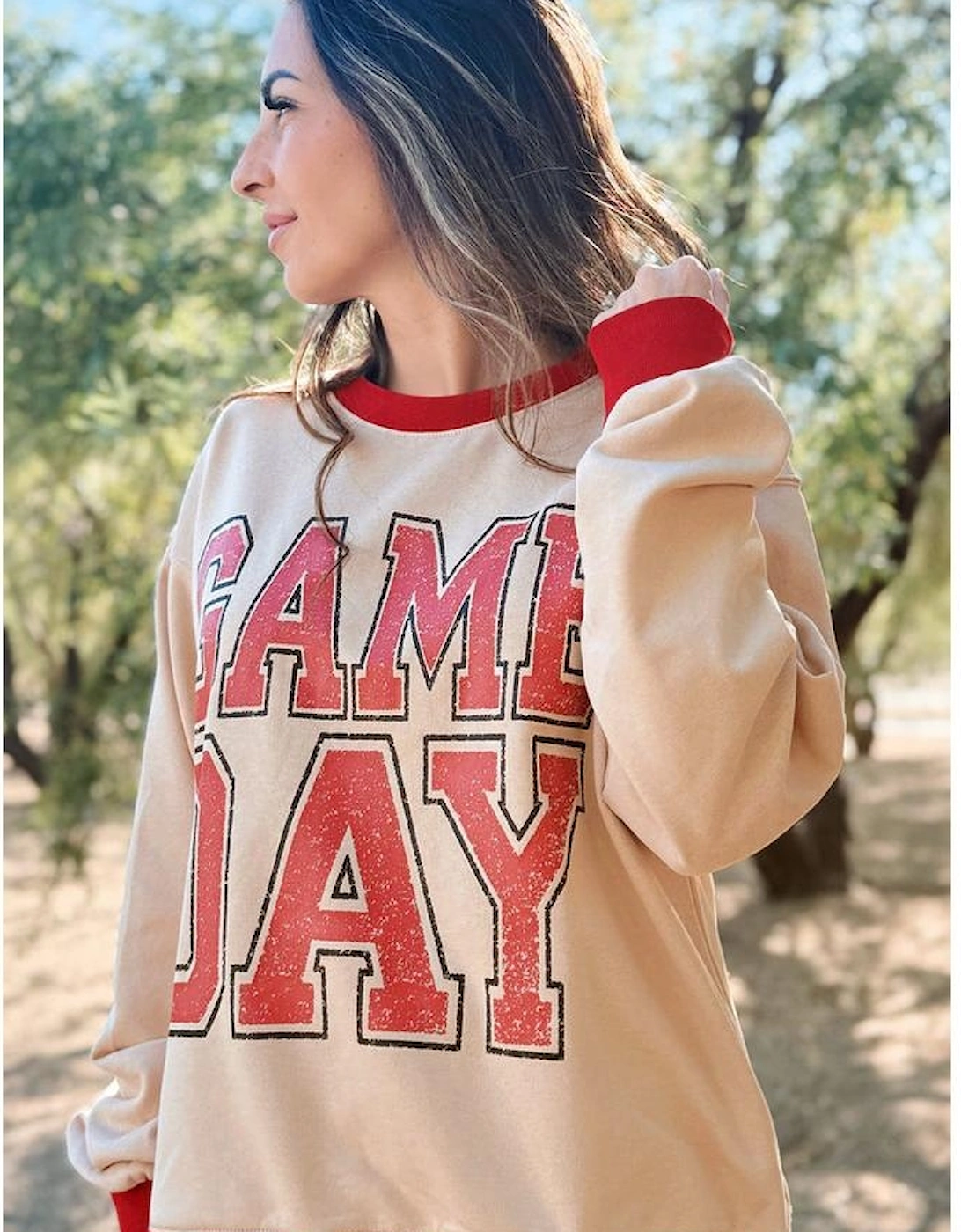 Oatmeal GAME DAY Letter Graphic Varsity Striped Detail Baggy Sweatshirt