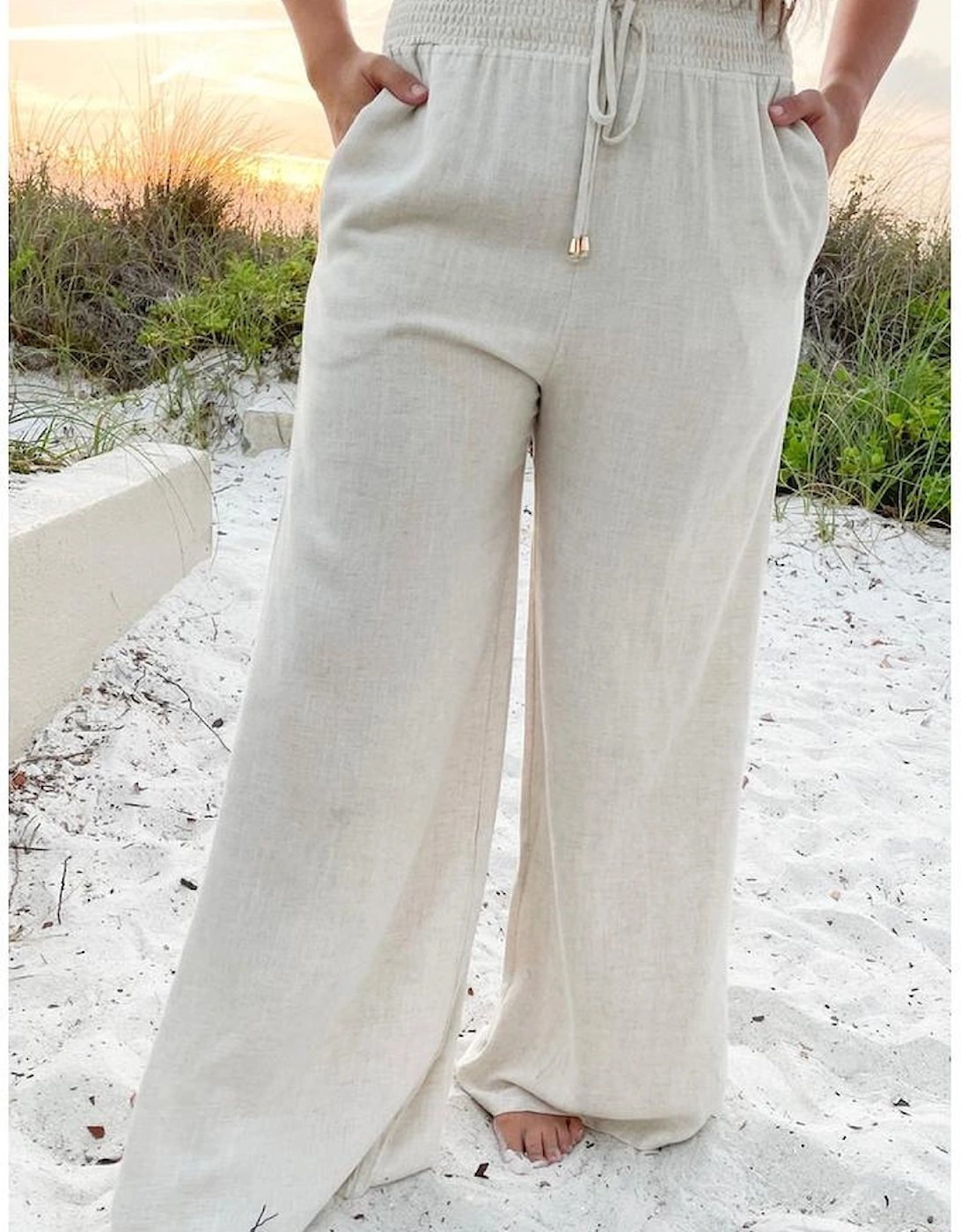 Beige Smocked High Waist Wide Leg Plus Size Pants