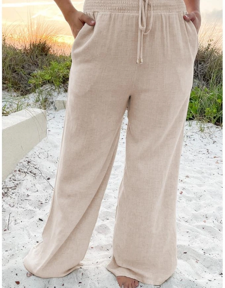 Beige Smocked High Waist Wide Leg Plus Size Pants