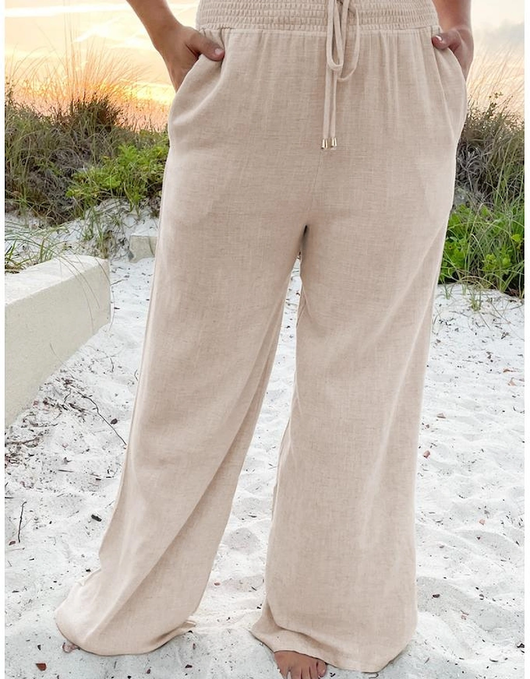 Beige Smocked High Waist Wide Leg Plus Size Pants