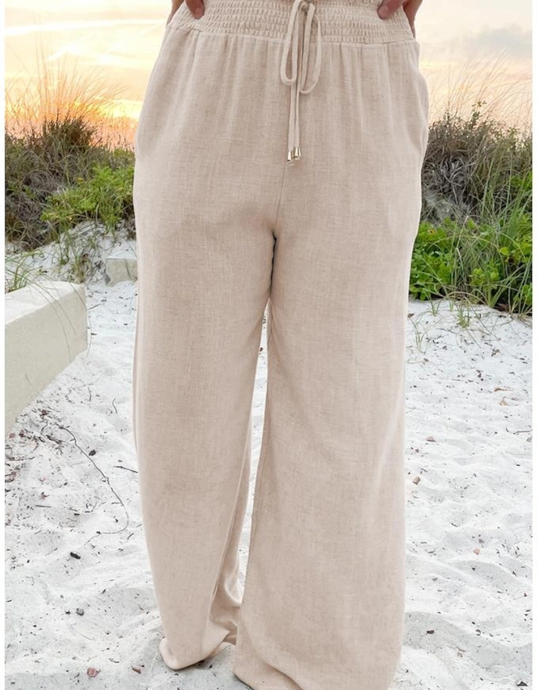 Beige Smocked High Waist Wide Leg Plus Size Pants