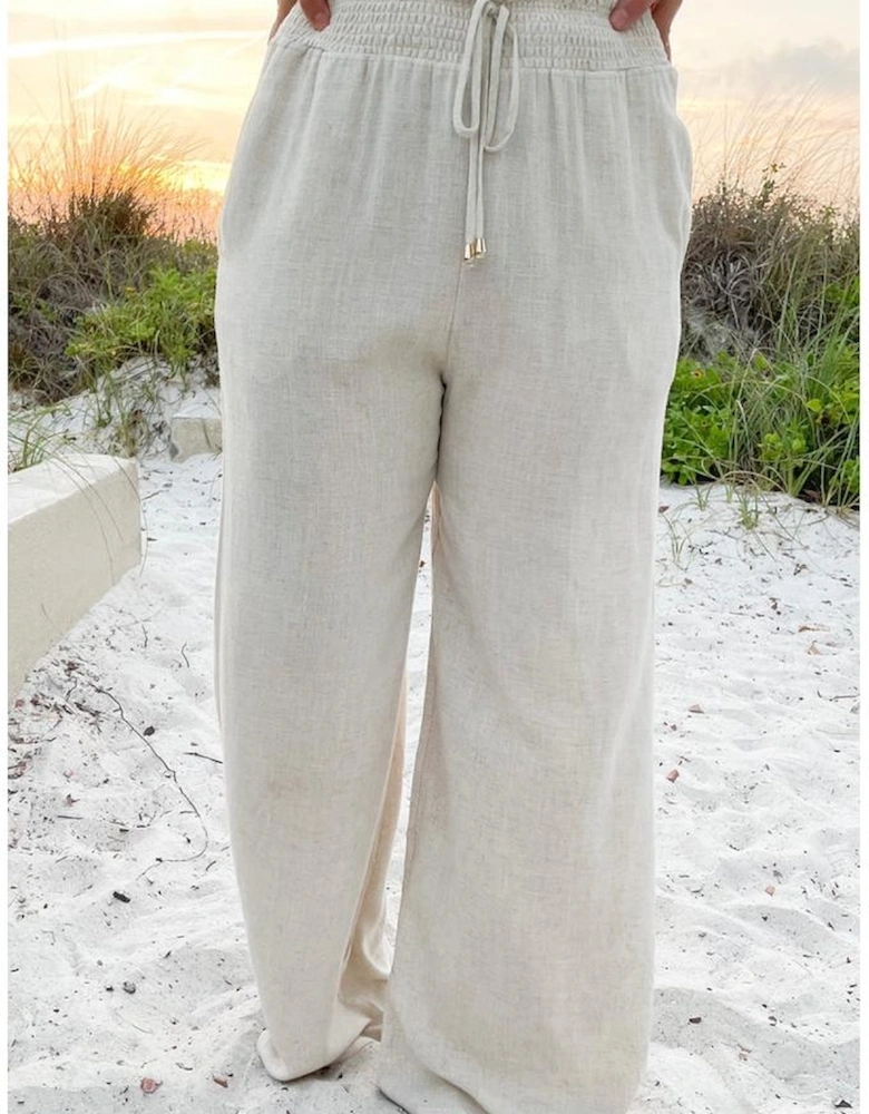 Beige Smocked High Waist Wide Leg Plus Size Pants