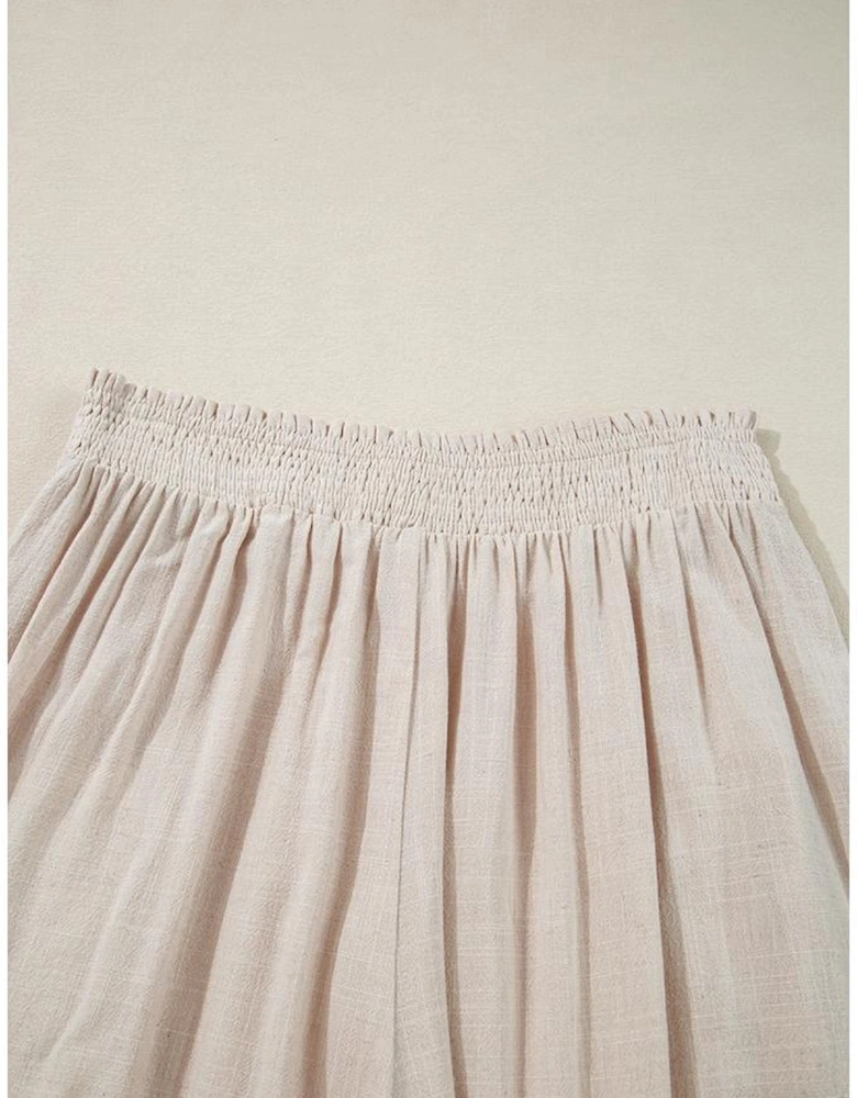 Beige Smocked High Waist Wide Leg Plus Size Pants